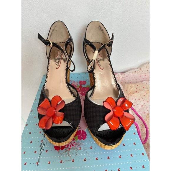 POETIC LICENSE London Quirky black gingham straw peep toe ankle strap heels 8.5M - Picture 4 of 7